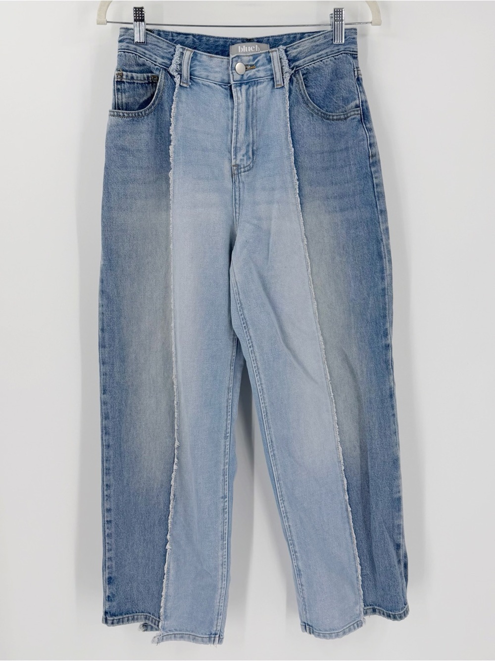 Blue B Contrast Panel High Waist Raw Edge Jeans Size S Slight Barrel Leg